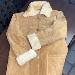 Women's desert well leather Tan Suede Coat with Cream Fur Trim small